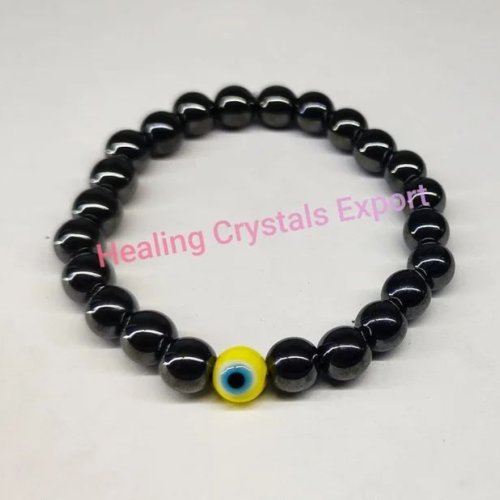 Hematite Beaded Stretch Bracelet with Evil Eye Charm