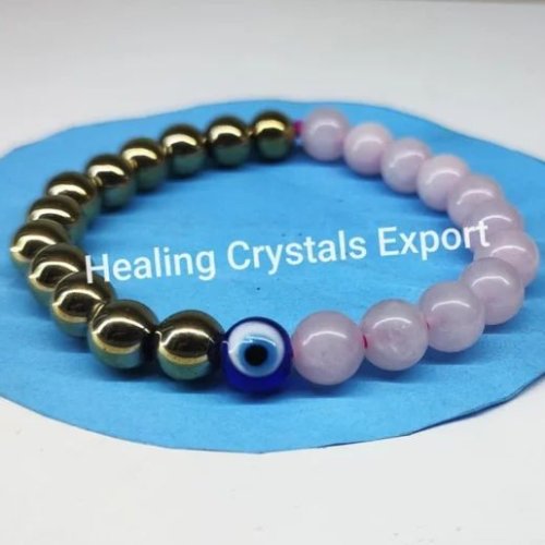 Rose Quartz Pyrite Beaded Stretch Bracelet with Evil Eye