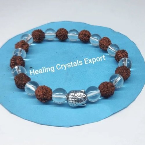 Rudraksha Clear Quartz Beaded Stretch Bracelet with Buddha Head