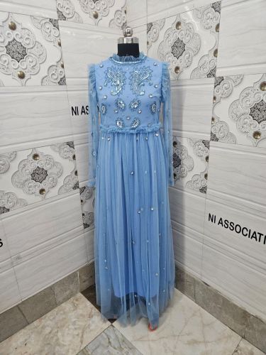 Sky Blue Embellished Long Sleeved Dress