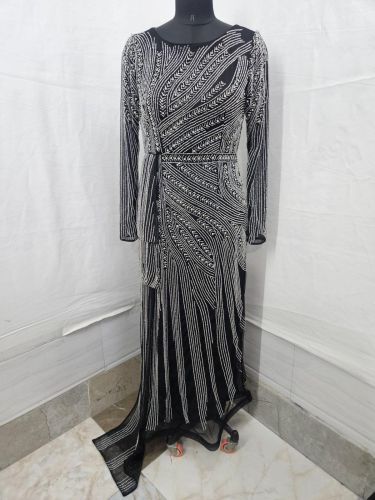 Black Hand Beaded Side Frilled Evening Dress