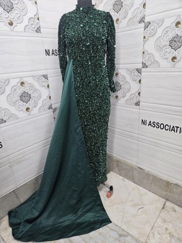 Green Evening Gown with Attached Overskirt