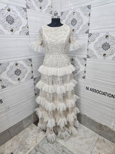 Heavy Embroidered White Frill Dress