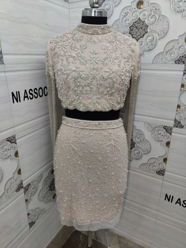 Beige Embroidered Top Skirt Set