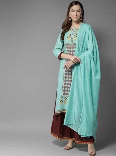 Bluish Green Printed Rayon Plazoo Kurti Set