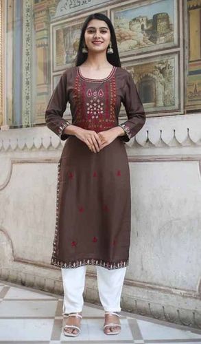 Brown Printed Ladies Rayon Kurti Pant Set