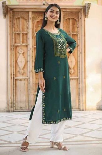 Green Embroidered Kurti Pant Set