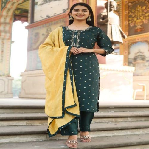 Green  Polka Dots Embroidered Kurta with Trousers & Dupatta