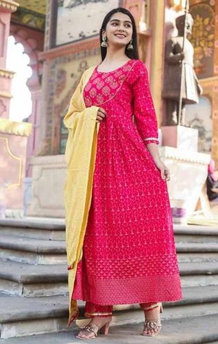 Pink Printed Anarkali Kurti Pant Dupatta Set