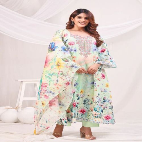 Sea Green Multicolor Digital Printed Cotton Kurta Set