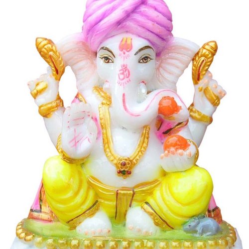 Pink Turban Ganpati Marble Finish Idol