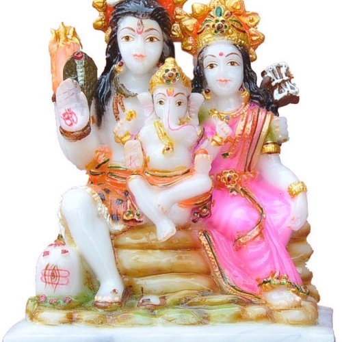 Shiv Parvati Ganesh Sitting Idol Marble Finish