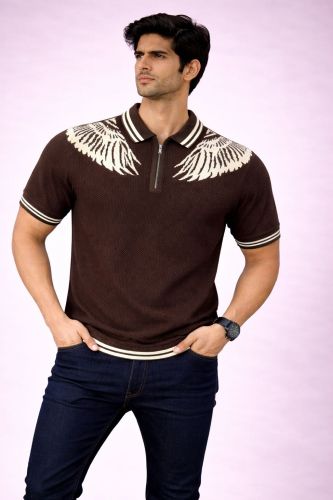 Brown Textured Zipper Polo T-Shirt