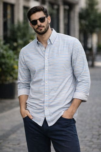 Men Blue Striped Casual Oxford Shirt
