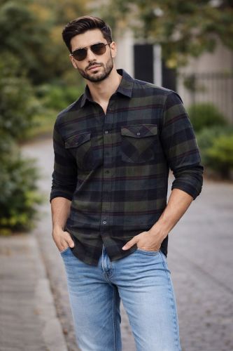 Men Green Checked Full Sleeve Cotton Casual Shirt