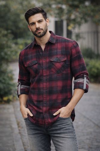 Men Red Black Checked Full Sleeve Cotton Casual Shirt