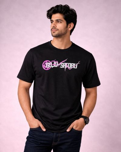 Printed Black Round Neck Cotton T-Shirt