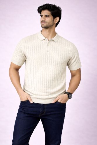 White Flat Knit Polo Collar T-Shirt