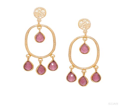 18k Gold Brass Artisan Ruby Red Gemstone Statement Earrings
