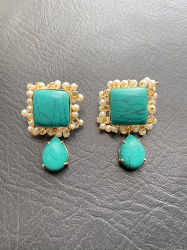 18k Gold Handmade Turquoise Pearl Beaded Cluster Earrings