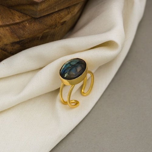 18K Gold Plated Adjustable Labradorite Statement Ring