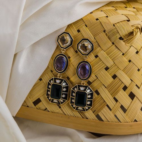 18k Gold Plated Brass Designer Glass Stone Drop Earrings