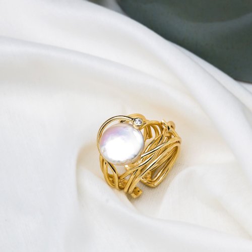 Brass Baroque Pearl Organic Vine Ring