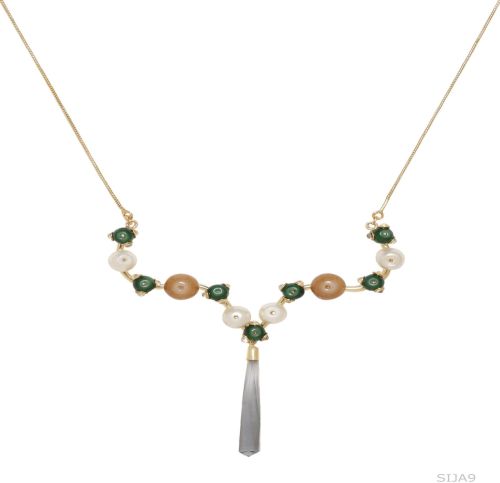 Elongated Gemstone Drop Pearl Necklace
