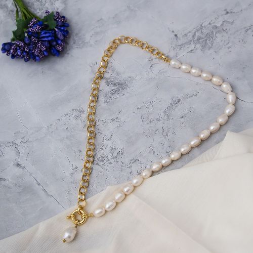 Unique Ladies Pearl Link Brass Chain Necklace