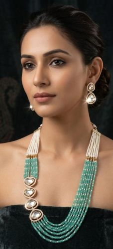 Green Multi Layer Pearl Kundan Set
