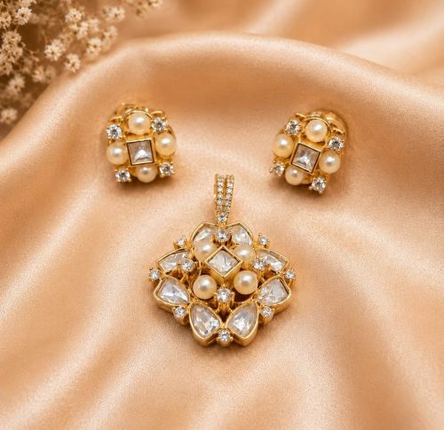 Pearl American Diamond Pendant Set