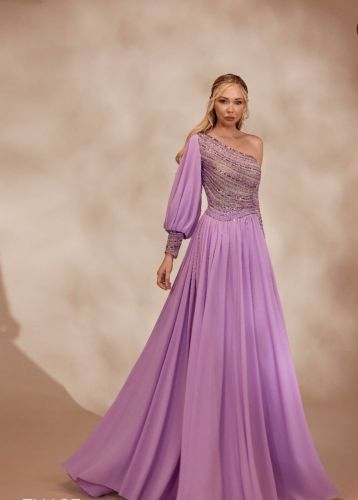 Lavender One-Shoulder Balloon Sleeve Gown