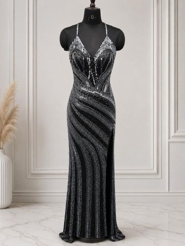 Black Strap Sequin Prom Dress