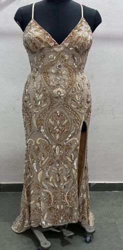 Heavy Beaded Golden Strap Sequin Prom Dress