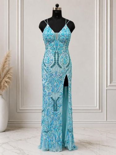 Light Blue Strap Sequin Prom Dress