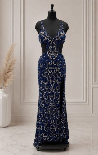 Navy Blue Strap Sequin Prom Dress
