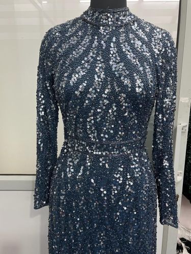Navy Blue High Neck Embellished Sequin Maxi Dress