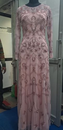 Pink Embellished Mesh Floor Length Maxi Dress
