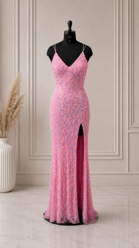 Pink Strap Sequin Prom Dress