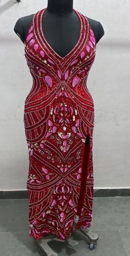 Red Plunging V Neck Prom Gown
