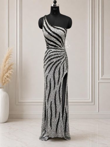 Silver Black Sequin One Shoulder Evening Gown