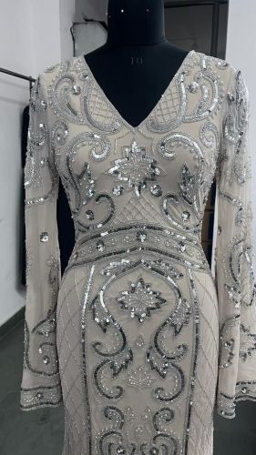 V Neck Long Sleeve Evening Gown