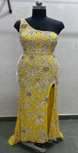 Yellow Sequin One Shoulder Evening Gown