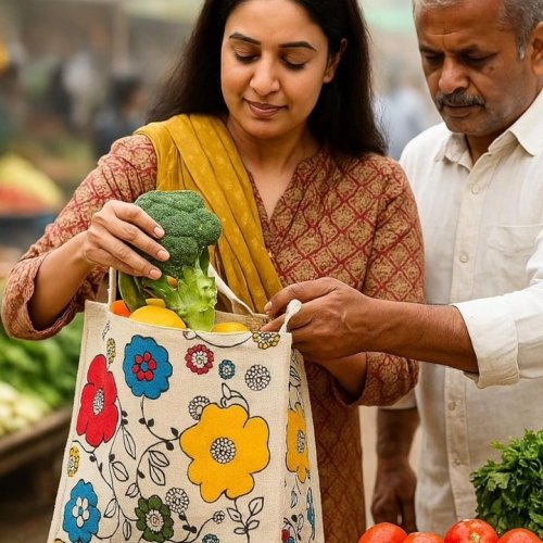 Floral Print Jute Shopping Bag