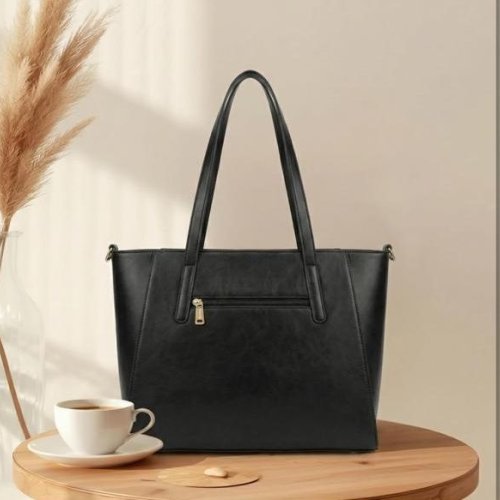 Women&Rsquo;S Premium Black Leather Office Tote Bag