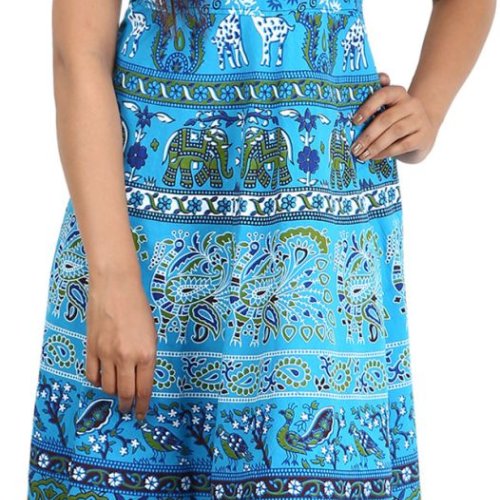 Ladies Sky Blue Cotton Printed One Piece Midi Dress