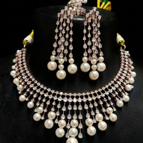 Ivory Cascade Pearl Diamond Necklace Set