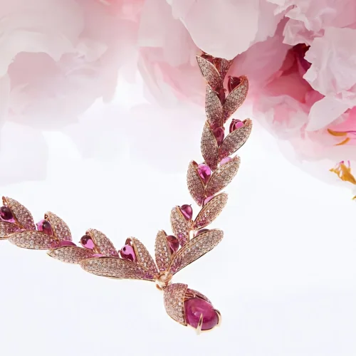 Rose Petal Ruby Moissanite Couture Necklace