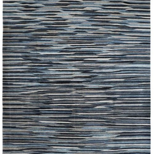 Hand Woven Ocean Stripe Abstract Wool Kilim Rug