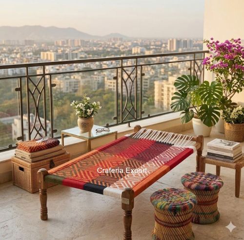 Wooden Charpai with Matching Mudda Stools Set For Hotel Cafe Restaurant